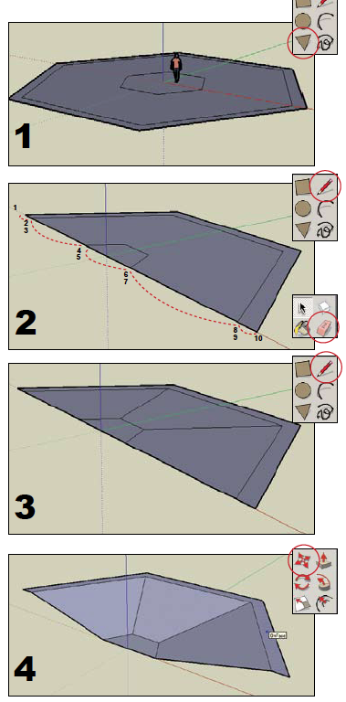 Chart showing how to draw a fan-shaped room in Google Sketchup