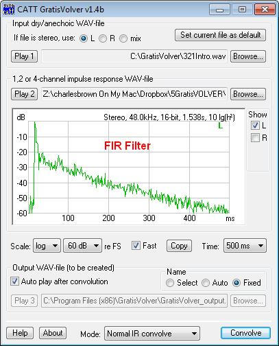 GratisVolver convolves room impulse responses (FIR filters) with anechoic program material