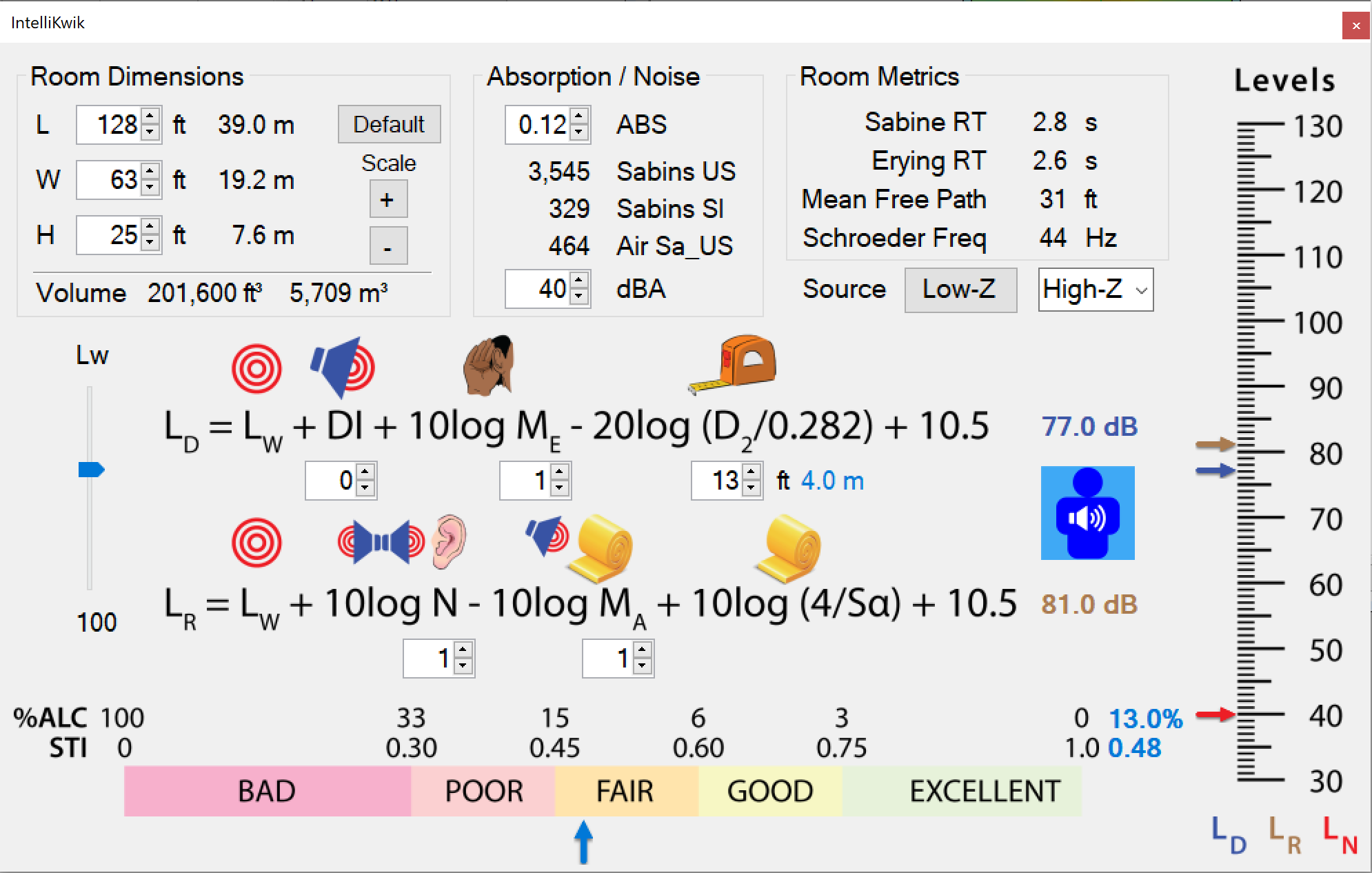 Figure 4 - IntelliKwik™ allows for fast estimations of the potential speech intelligibility using statistical reverberation time formulas, the Hopkins-Stryker equation, and some basic sound system parameters. It can be used to "run the numbers" before building a room model. The settings shown are for Test Position 2 (4 m) of the MFA.